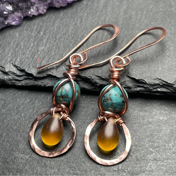 Artisan Copper and Wrapped Turquoise Dangle Earrings - Picture 3 of 9